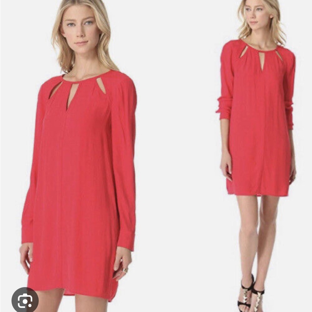 BCBG red berry EmmaLise mini dress with neckline cutouts and long sleeves